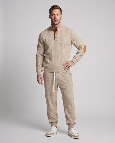Männer Strukturierter Kabelstrick Loungewear Set mit Henley-Kragen und Jogginghose Echoarchiv