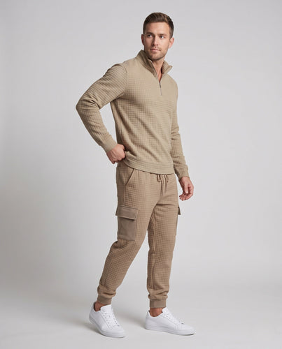 Herren Texturiertes Komfort Freizeitanzug Set mit Halben Reißverschluss Pullover und Cargo Jogginghose Echoarchiv