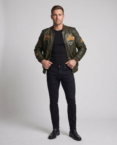 Herren Biker-Stil Kunstleder Bomberjacke mit gefüttertem Thermoinnenfutter und bestickten Applikationen Echo Archiv