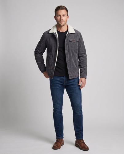 Herren-Kord-Arbeitsjacke mit vollständigem Sherpa-Futter, Hemdkragen und Seitentaschen Echoarchiv