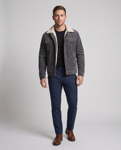 Herren Cordjacke im Trucker-Stil mit durchgehendem Sherpa-Futter und Teddy-Kragen Echoarchiv