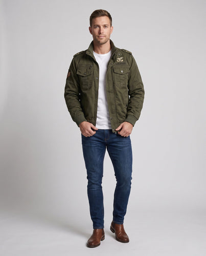Herren gepolsterte Canvas-Bomberjacke im Feldlook mit Schulterklappen und warmem Teddy-Fleece-Futter Echoarchiv