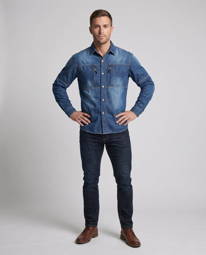 Herren Jeanshemdjacke im Arbeitsstil mit Reißverschluss-Brusttaschen Echoarchiv
