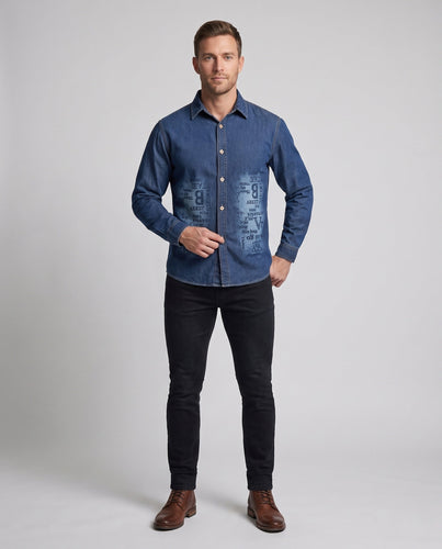 Herren-Denim-Hemd im Overshirt-Stil mit Allover-Print und durchgehender Knopfleiste Echo Archiv
