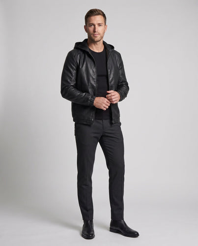 Herren Kapuzenblouson in Lederlook mit minimalem Reißverschluss und elastischen Bündchen Echoarchiv