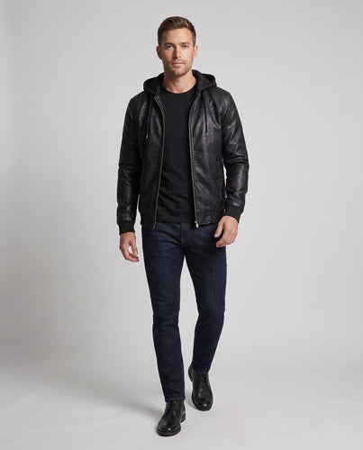 Herren Kapuzen Kunstlederjacke im Biker Bomber Stil mit integrierter Hoodie-Futter Echo Archiv
