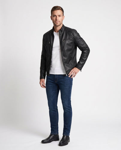 Herren Kunstleder Bikerjacke mit gesteppten Schultern und Stehkragen Echoarchiv