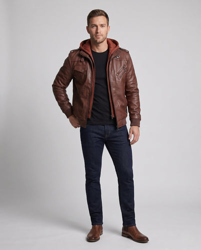 Herren Kunstleder Bomberjacke mit Camouflage-Muster und integrierter Hoodie-Innenlage Echoarchiv