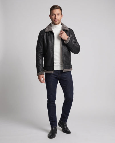 Herrenjacke aus synthetischem Leder mit durchgehendem Teddy-Fleece-Futter und hohem Stehkragen Echo Archiv