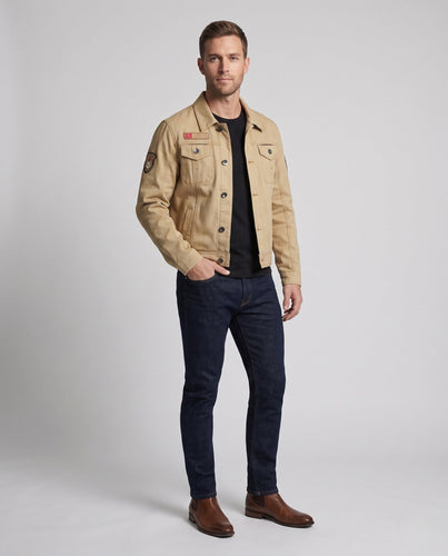 Herren Kurzschnitt Canvas Truckerjacke im Workwear-Look mit Hemdkragen, Klapptaschen und Ärmelpatch Echo Archiv