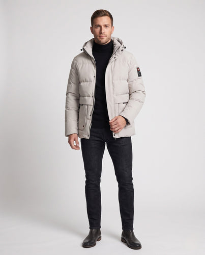 Herren Kurzparka im minimalistischen gesteppte Design mit verstaubarem Hut und verdeckten Reißverschlusstaschen Echo Archiv
