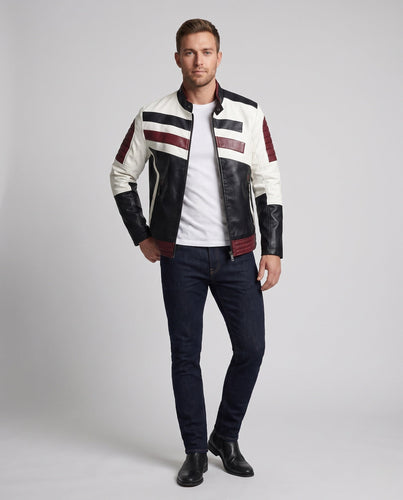 Männermotorradjacke aus Lederlook mit Farbblockdesign, gesteppter Ärmel- und Saumabschluss Echoarchiv