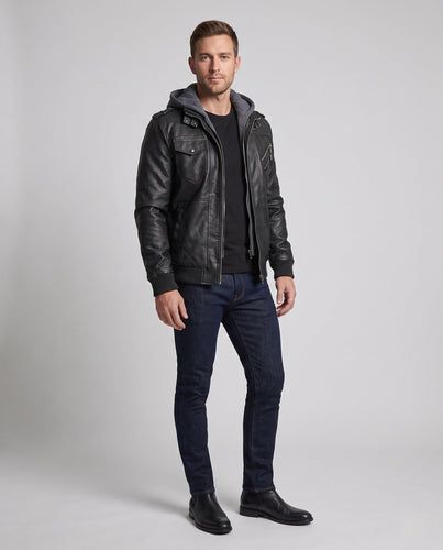 Herren Faux Leder Bomberjacke mit integrierter Kapuze und mehreren Taschen Echoarchiv