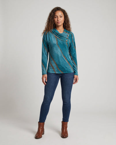 Frauen Langarmshirt mit asymmetrischem Wasserfallkragen und dekorativer Knopfleiste Echoarchiv