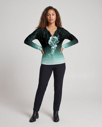 Damen Langarmshirt mit Reißverschluss-Anhänger, Ombre-Gradient und Raurose-Druck Echoarchiv