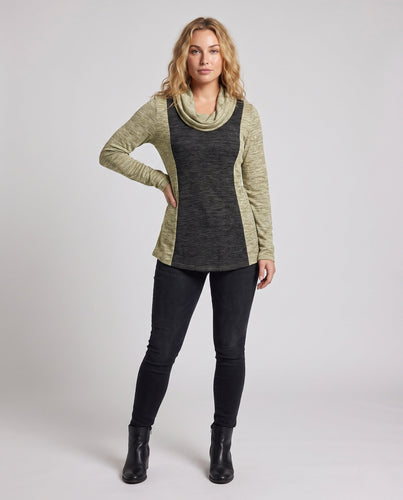 Damen Freizeit Colorblock Tunika Shirt mit Wasserfallkragen und A-Linien Schnitt Echoarchiv