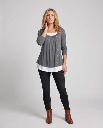 Damen Casual Layering Langarm mit asymmetrischem dekorativem Knopfverschluss und kontrastierendem Saum Echoarchiv