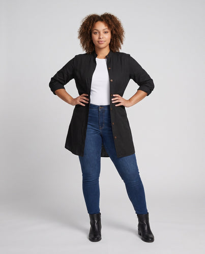 Frauen leichte Leinen-Look lange Jacke mit Stehkragen und Holzknöpfen Echoarchiv