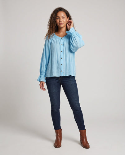Damen Lose Chiffon Bluse Shirt mit gerafftem Vorderteil, Ballonärmeln und Knopfleiste Echoarchiv