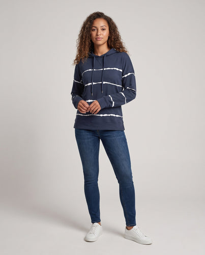 Damen Lose Hoodie Sweatshirt im Used Streifen-Look mit Kängurutasche Echoarchiv