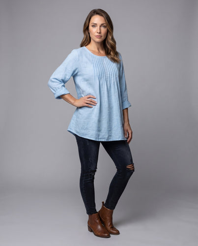 Damen lockeres Tunika-Shirt im Leinen-Look mit Falten und seitlichem Saum Echoarchiv