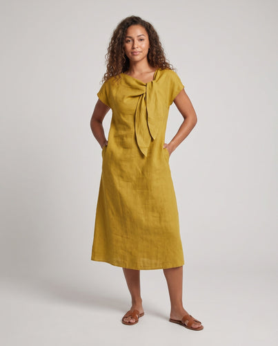 Damen Maxi-Kleid aus Leinen mit dekorativem Bogen und kurzen Ärmeln Echoarchiv