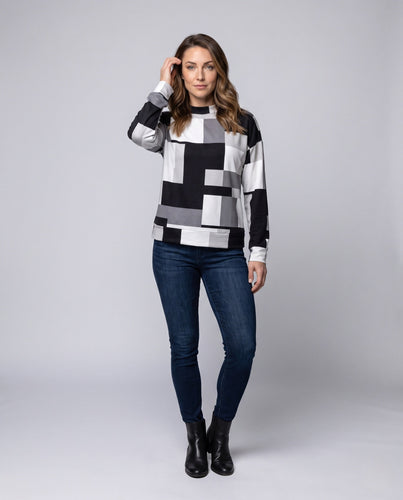Damen Oversize Langarmbluse mit geometrischem Patchwork-Muster Echoarchiv