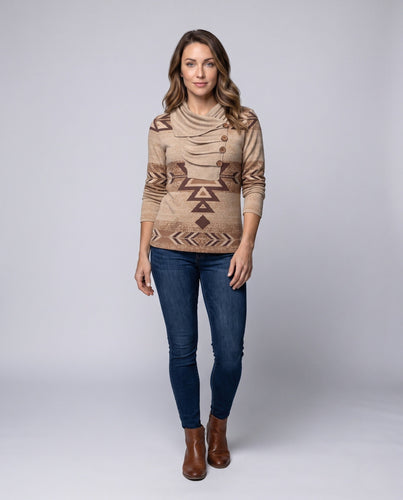 Damen Oversized-Strickpullover mit ethnischer Geometrie, asymmetrischem Kragen und dekorativer Knopfleiste Echoarchiv