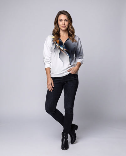 Damen Oversized Sweatshirt mit V-Ausschnitt, Reißverschluss und abstraktem 3D-Druck Echoarchiv