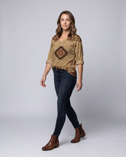 Damen Oversize Tunika-Bluse im Ethno-Azteken-Muster mit V-Ausschnitt Kleid