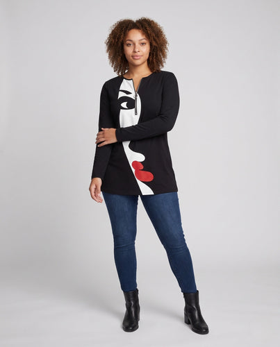 Damen Oversize Tunika mit abstraktem Gesichtsd design und Ringreißverschluss Echoarchiv
