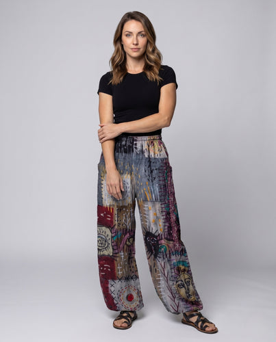 Damen Palazzo-Hosen im Patchwork-Design mit weitem Bein, elastischem Bund und Eingrifftaschen Echoarchiv