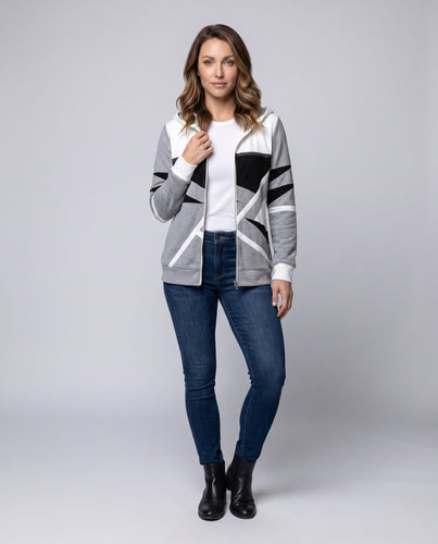 Damen Zip-Hoodie aus weichem Sweatstoff mit geometrischem Blockmuster und Fronttaschen Echoarchiv