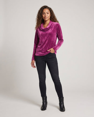 Damen Samt Langarm mit Wasserfallkragen und lockerem Oversized Schnitt Echoarchiv