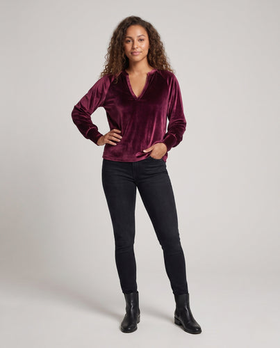 Damen Samtpullover mit tiefem V-Ausschnitt und lässigem Oversize-Fit Echoarchiv