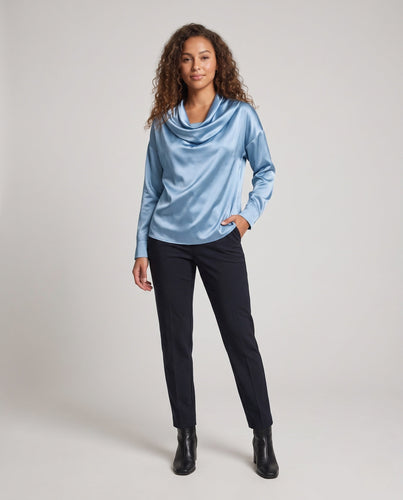 Damen Satin-Tunika mit drapiertem Wasserfallkragen und oversized Schnitt Echoarchiv