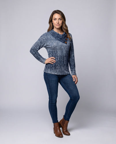 Damen Strukturierte V-Ausschnitt Langarmshirt mit Asymmetrischer Knopfleiste Echoarchiv