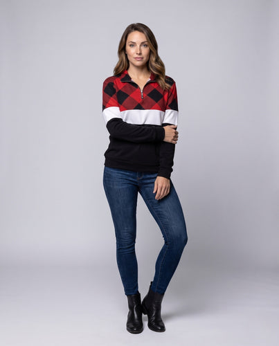 Damen Sweatshirt mit Halbzipper, Karostepp und Kontraststreifen Echoarchiv