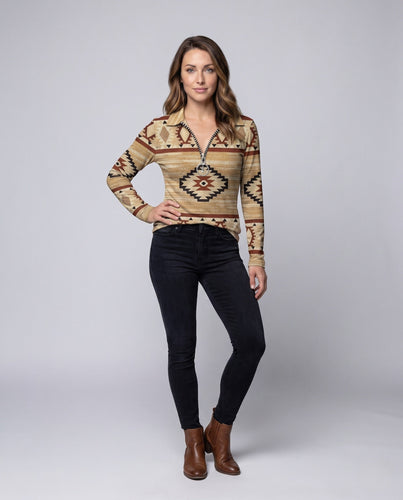 Damen Sweatshirt mit Tribal-Print, halbem Reißverschluss, Kragen und lässigem Oversized-Schnitt Echoarchiv