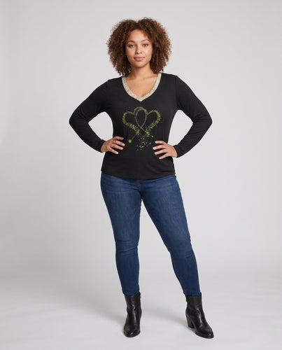 Damen V-Ausschnitt Sweatshirt mit Glitzerherzprint und goldener Borte Echoarchiv