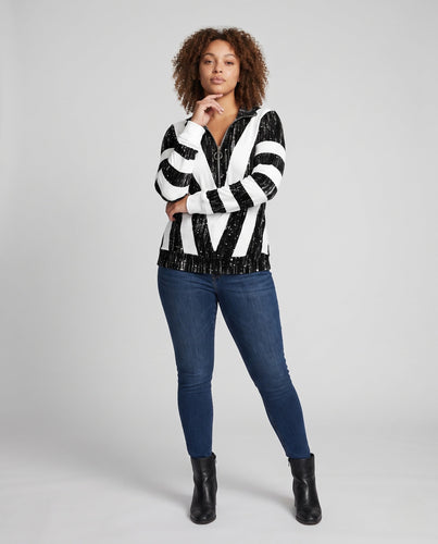 Damen V-Ausschnitt Zip-Pullover mit Ring-Reißverschluss und Blockstreifen-Design Echoarchiv
