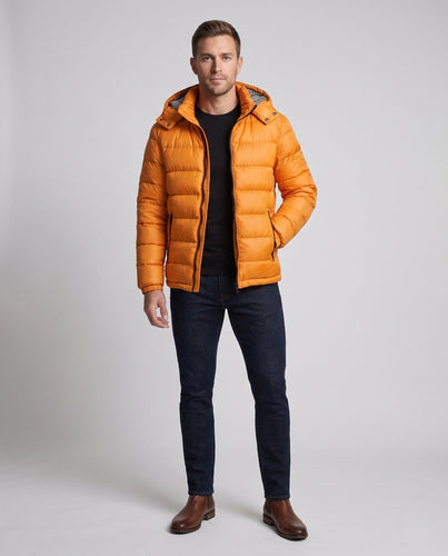 Herren Glänzende Steppjacke mit Kapuze, Gestreiftem Innenfutter & Kontrastreißverschlüssen Echoarchiv