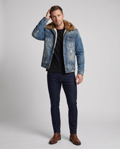 Herren-Denimjacke mit Sherpa-Futter und voluminösem Fellkragen Echoarchiv