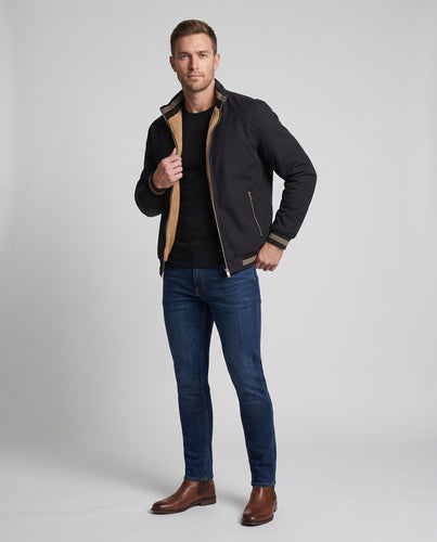 Herren Thermo Bomberjacke im Vintage-Look mit Teddy-Futter und gestreiften Rippbündchen Echoarchiv