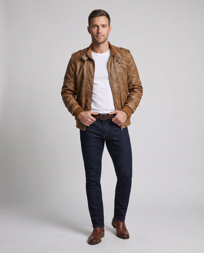 Herren Kunstlederjacke im Biker-Stil mit Stehkragen und vertikaler dekorativer Naht Echoarchiv