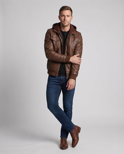 Männer Stylische Kunstlederjacke mit Abnehmbarer Kapuze Echo Archiv