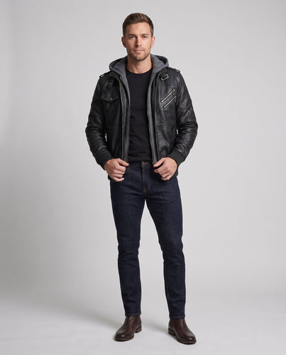 Herren Lässige Lederjacke mit Kapuze Echo Archiv