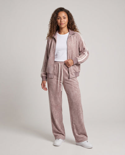 Damen Oversize Samt Effekt Track Bomberjacke mit Hohem Kragen, Kontraststreifen & Rippbündchen Echoarchiv