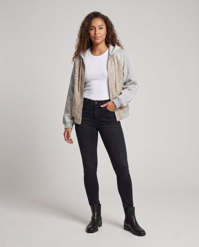 Damen Oversize Strick-Hoodie-Bomber mit Mélange-Front, Raglanärmeln & Voller Reißverschluss Echoarchiv