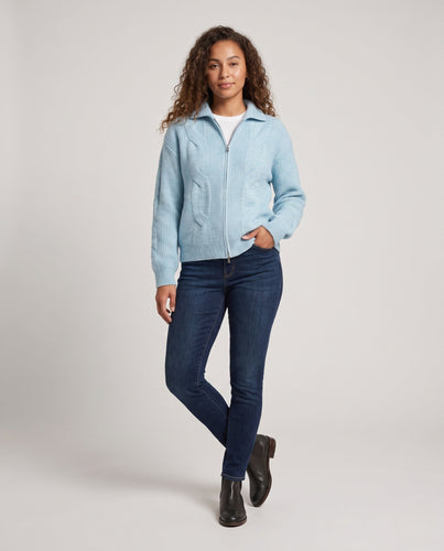 Damen Oversized Cardigan mit Kabelmuster, Reißverschluss & Stehkragen Echoarchiv